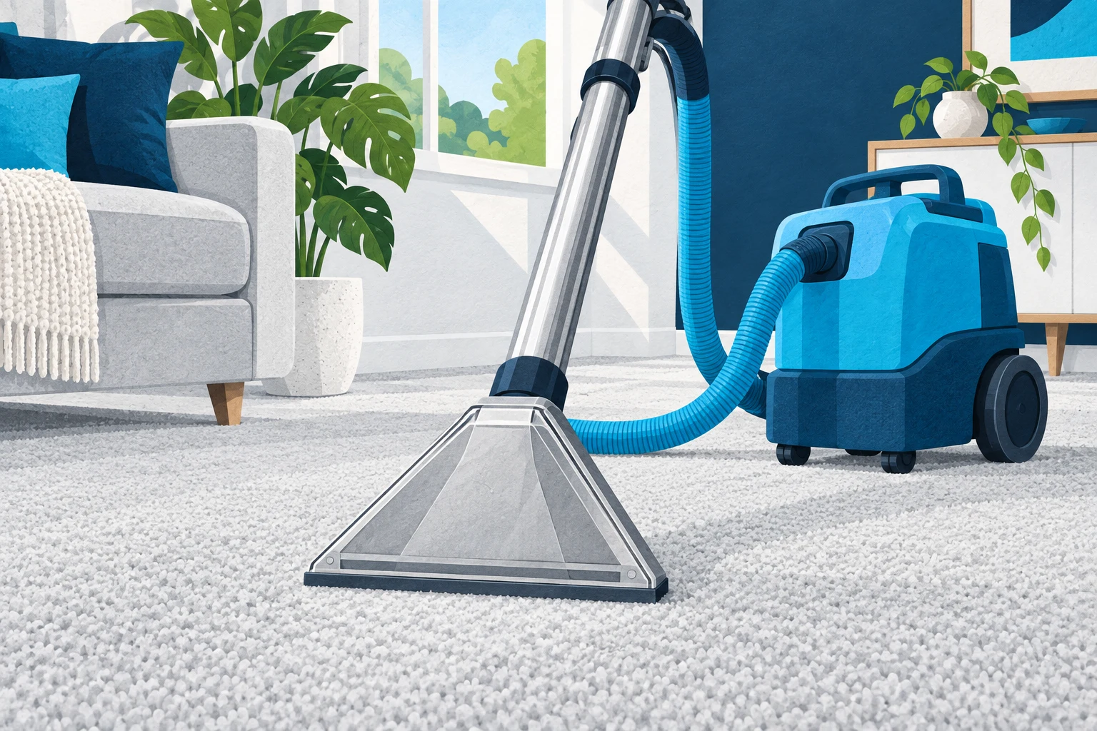 Original illustration of carpet extraction equipment in a room