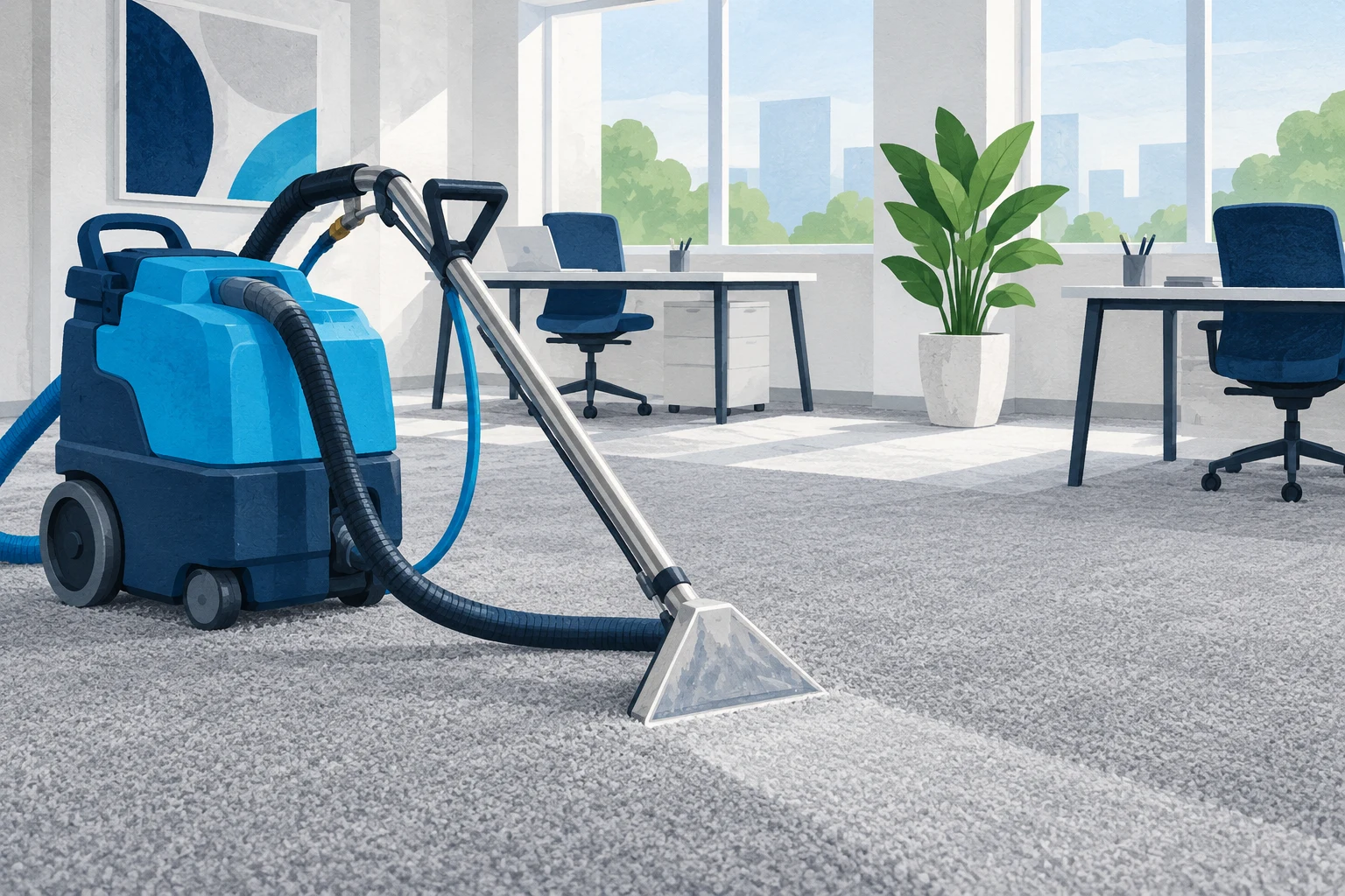 Original illustration of carpet cleaning equipment in a workspace