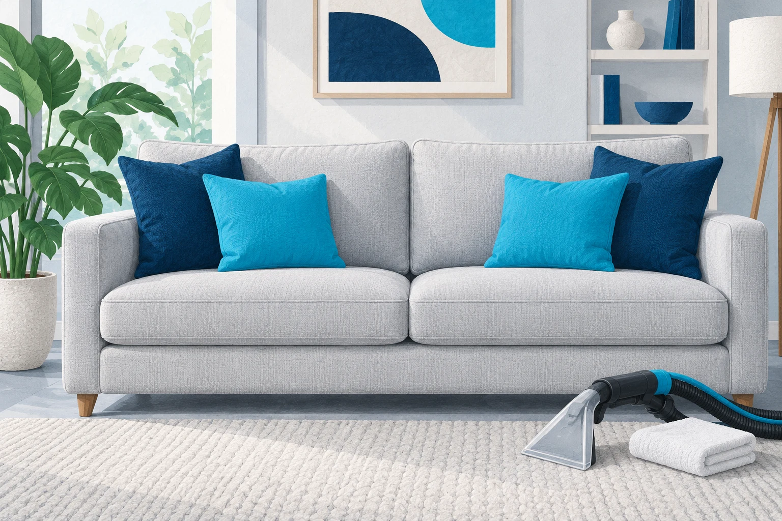 Original illustration of a sofa and upholstery cleaning equipment